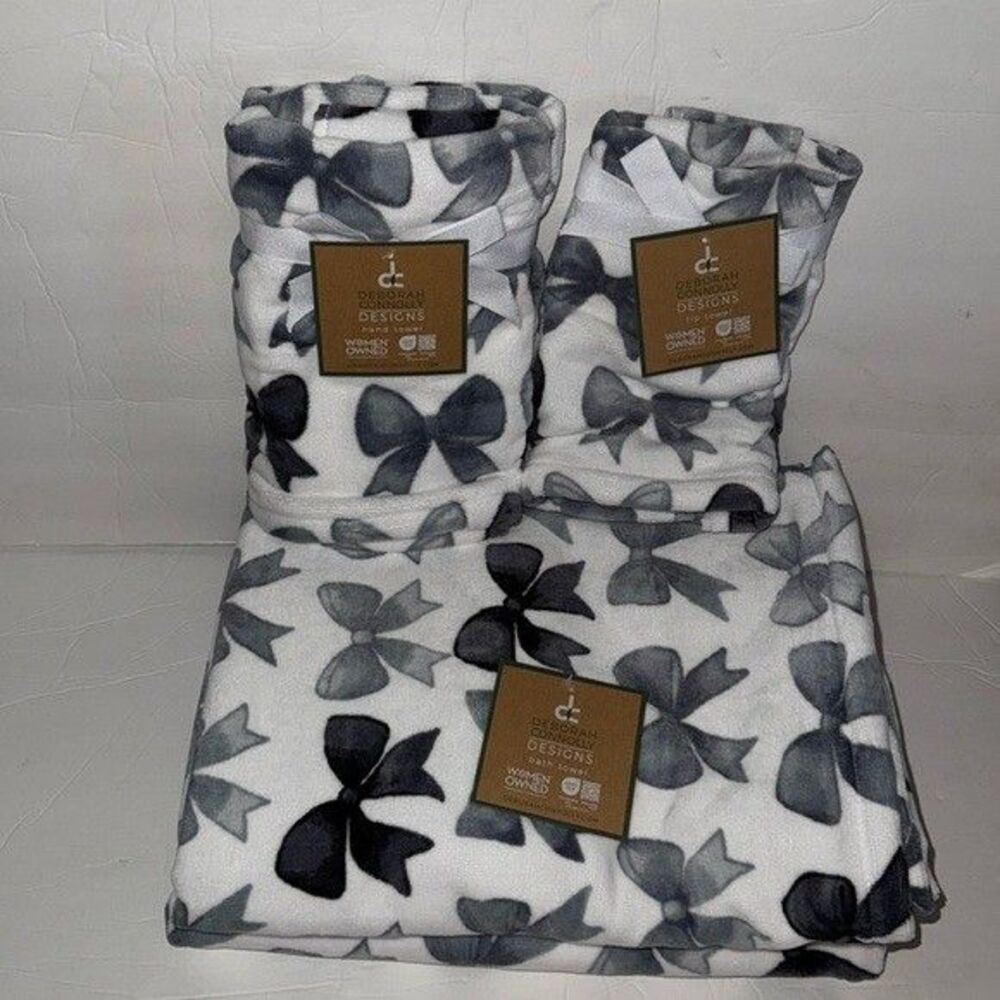 NWT Deborah Connolly 6 Piece Velour Cotton Bath Towel Set White Gray Charcoal